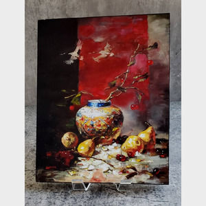 Still Life Hand Signed Painting Vintage Vase with Fruits